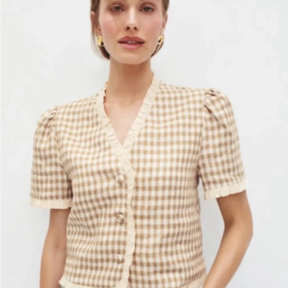 Reformation Beige and Cream Gingham Puff-Sleeve Blouse - Picture 2 of 3